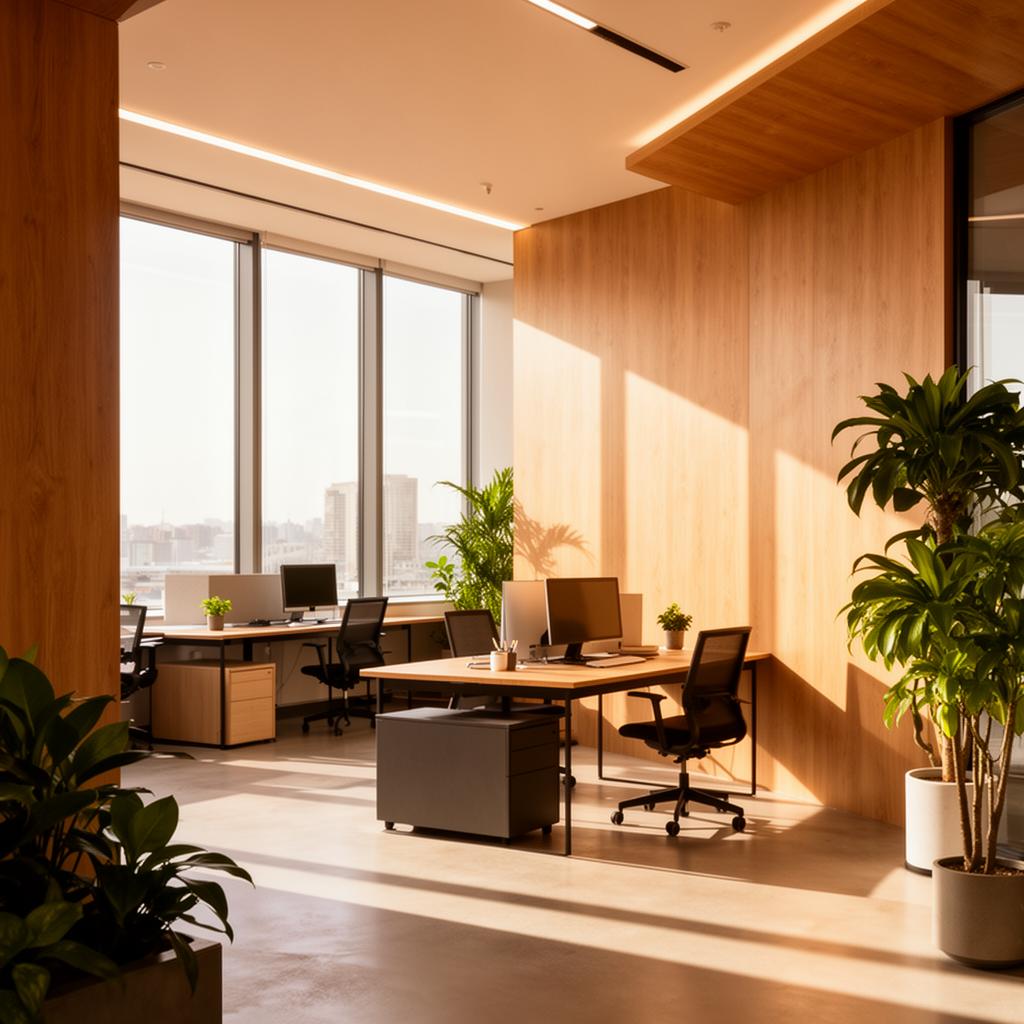 Modern sun-drenched professional office interior with warm wood accents